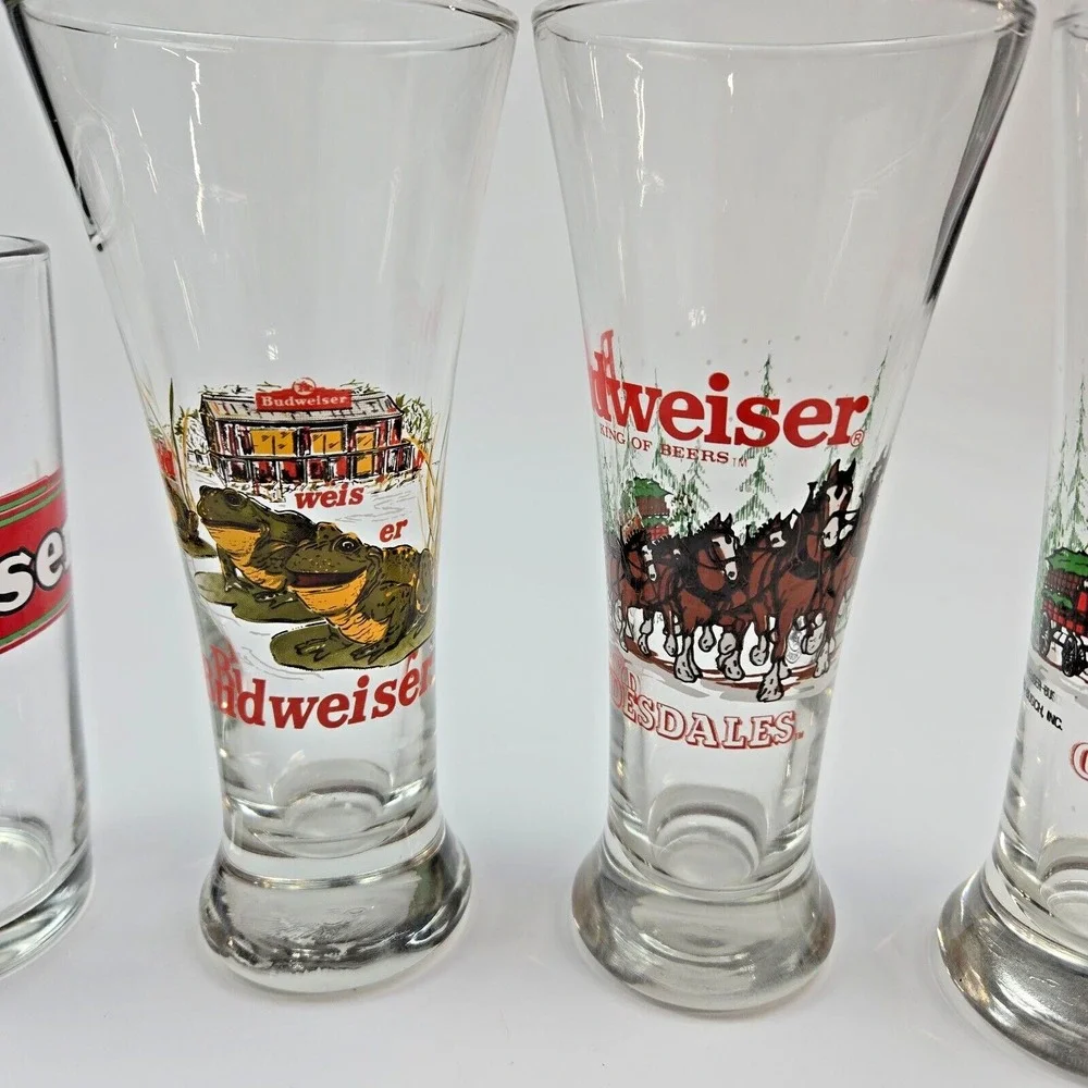 1989, 1996 Vintage Budweiser Holiday Clydesdales‎ & Frog Pilsner Beer Glasses
